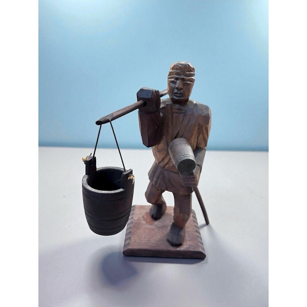 Vintage Hand Carved Wood Figurine Man Carrying Water Buckets And Hammer